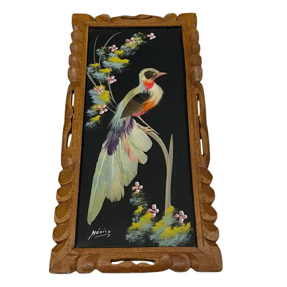 Vintage Mexican Feather Art Bird Hand Carved Wood Frame Folk Art Craft